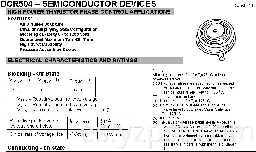 Semiconductor Devices DCR504 Power Thyristor